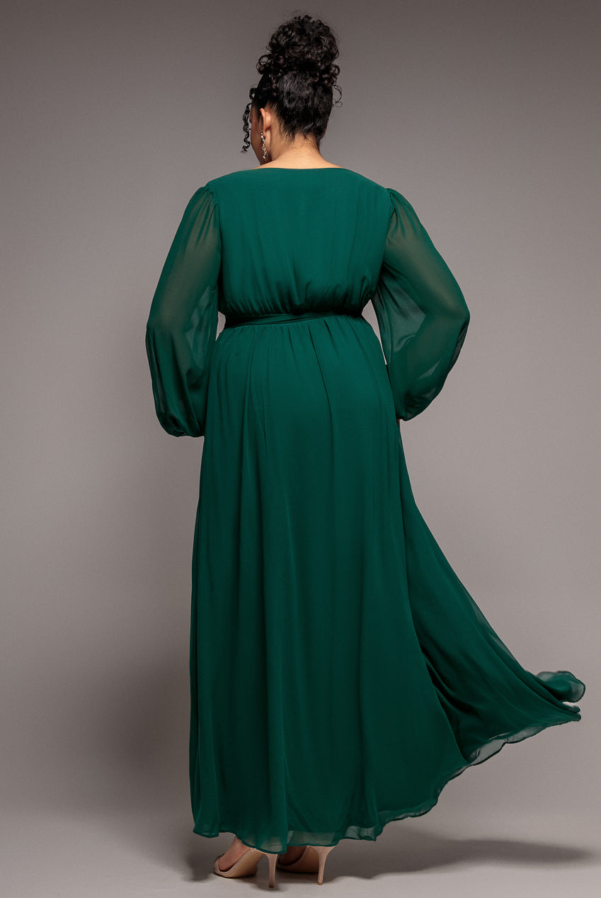 Goddiva Plus Wrap Back With Front Slit Chiffon Maxi Dress - Emerald Green