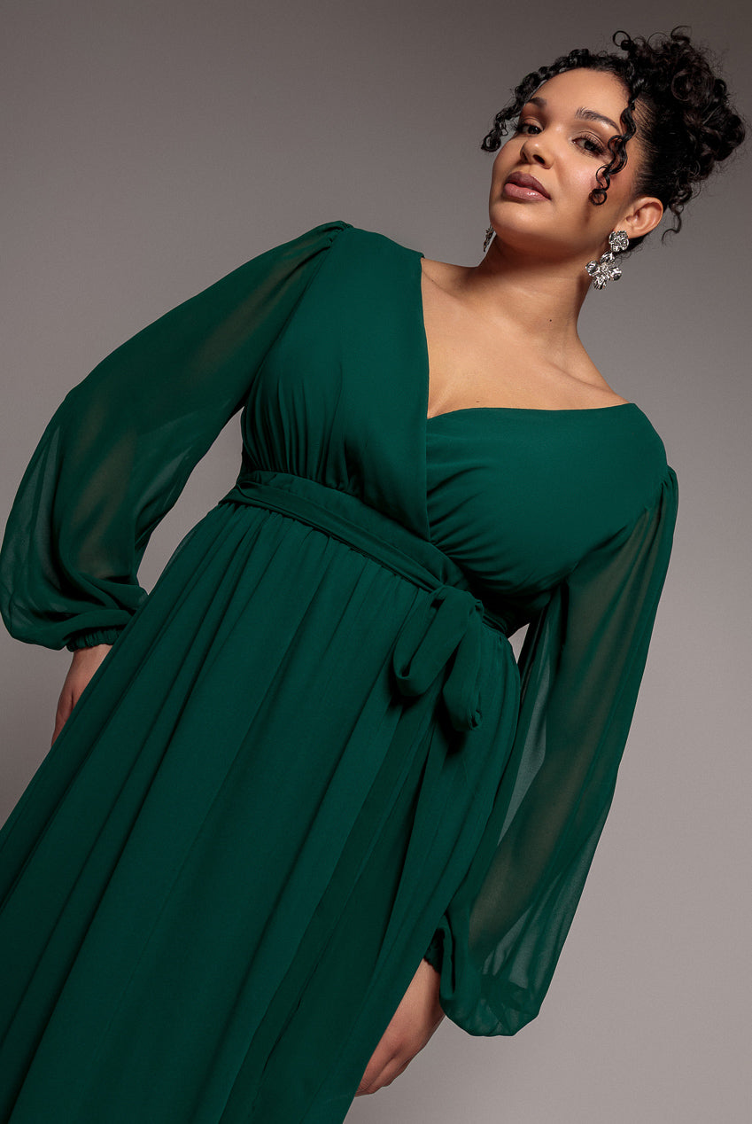 Goddiva Plus Wrap Back With Front Slit Chiffon Maxi Dress - Emerald Green
