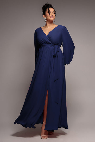 Goddiva Plus Wrap Back With Front Slit Chiffon Maxi Dress - Navy Blue