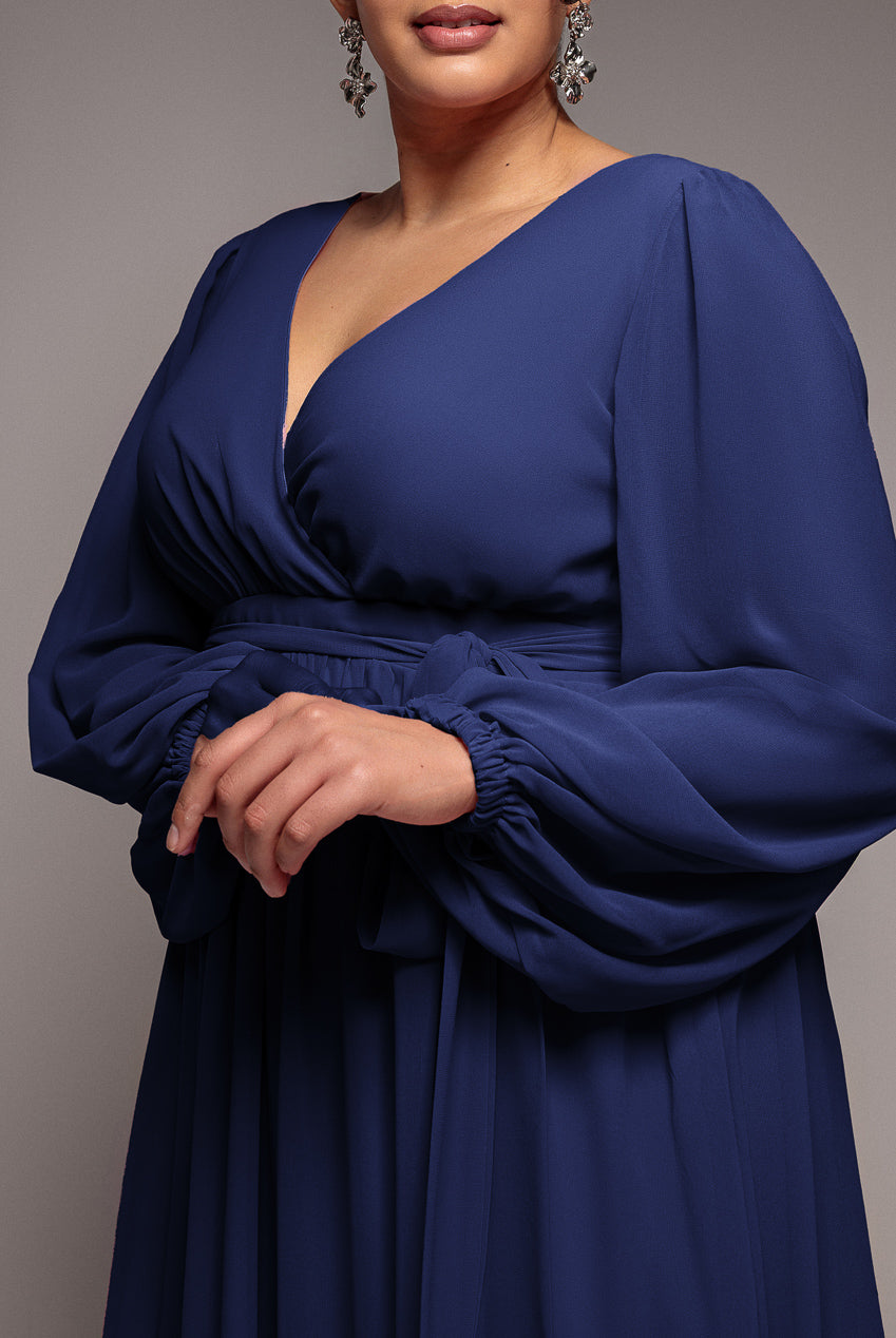 Goddiva Plus Wrap Back With Front Slit Chiffon Maxi Dress - Navy Blue