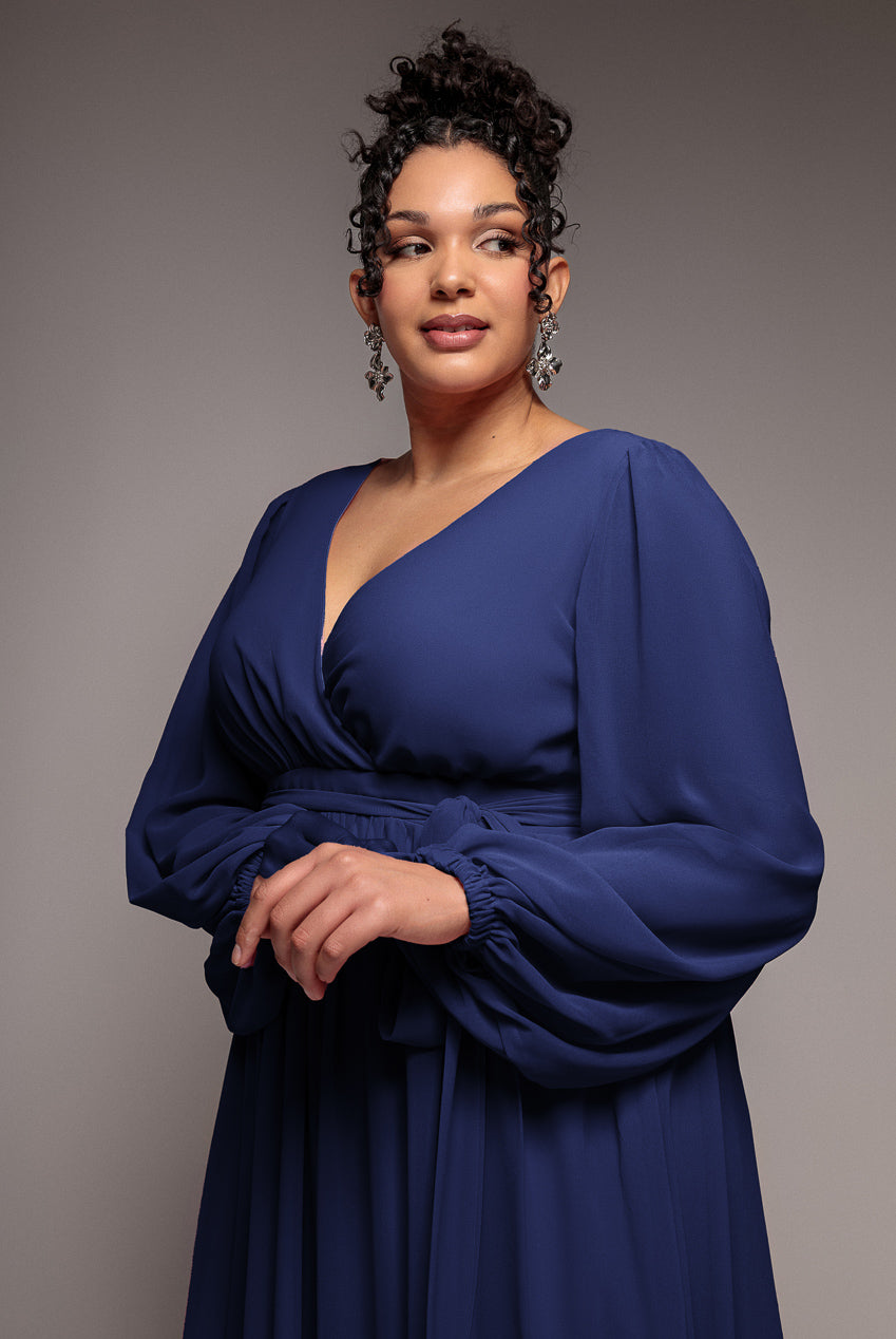 Goddiva Plus Wrap Back With Front Slit Chiffon Maxi Dress - Navy Blue