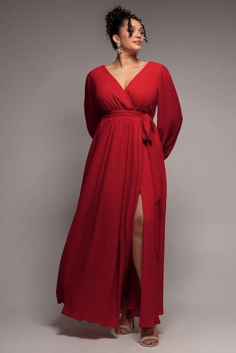 Goddiva Plus Wrap Back With Front Slit Chiffon Maxi Dress - Red