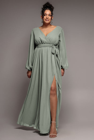 SageGreen - Goddiva Plus Wrap Back With Front Slit Chiffon Maxi Dress - Sage Green