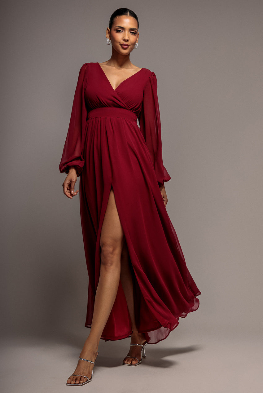 Wrap Back With Front Slit Chiffon Maxi Dress - Berry