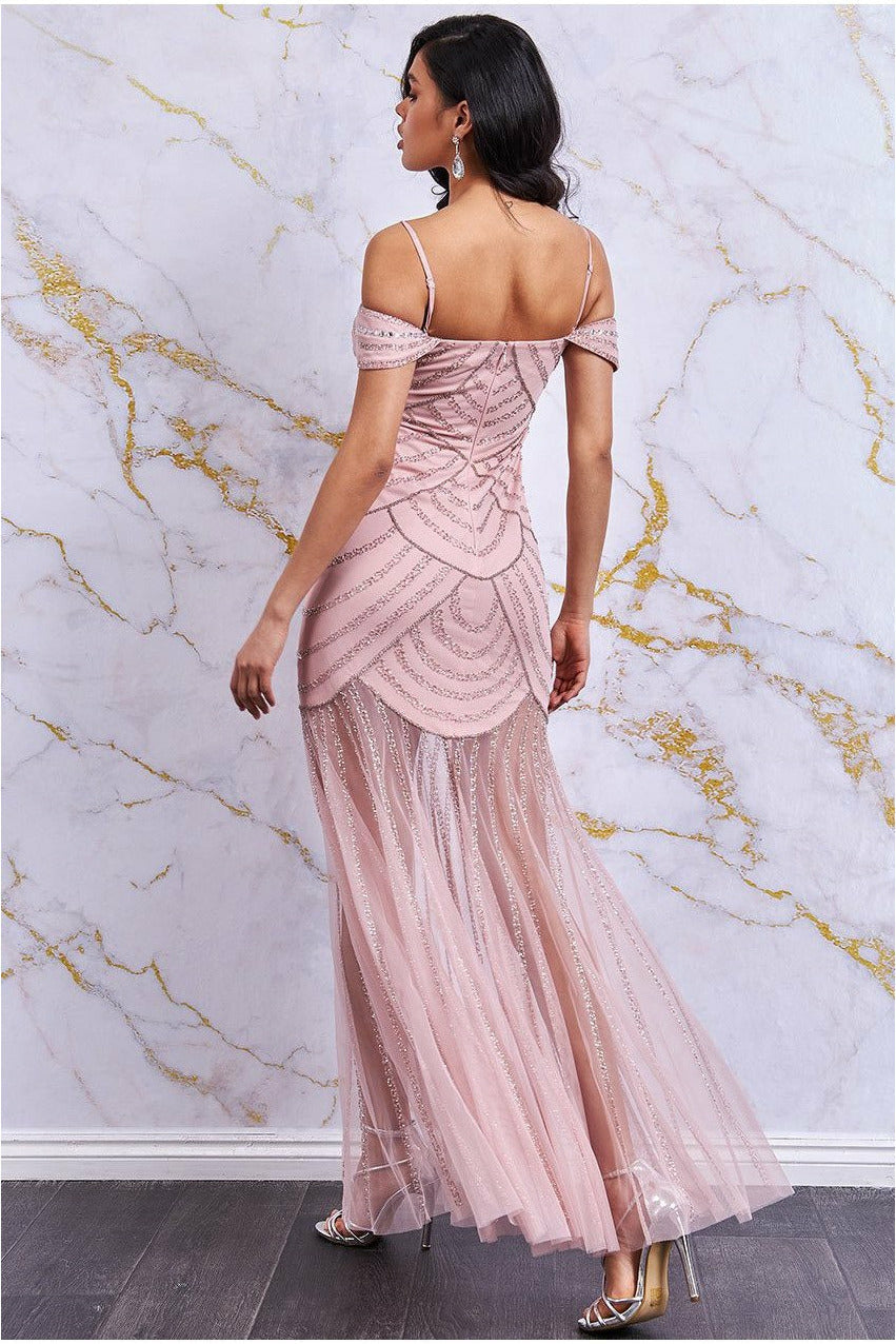 Goddiva Off The Shoulder Maxi Dress With Mesh Skirt - Blush