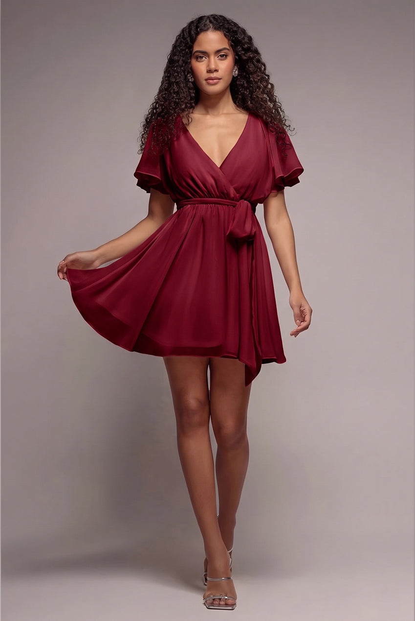 Goddiva Flutter Sleeve Wrap Mini Dress With Elasticated Waist - Berry