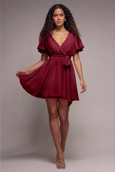 Berry - Goddiva Flutter Sleeve Wrap Mini Dress With Elasticated Waist - Berry