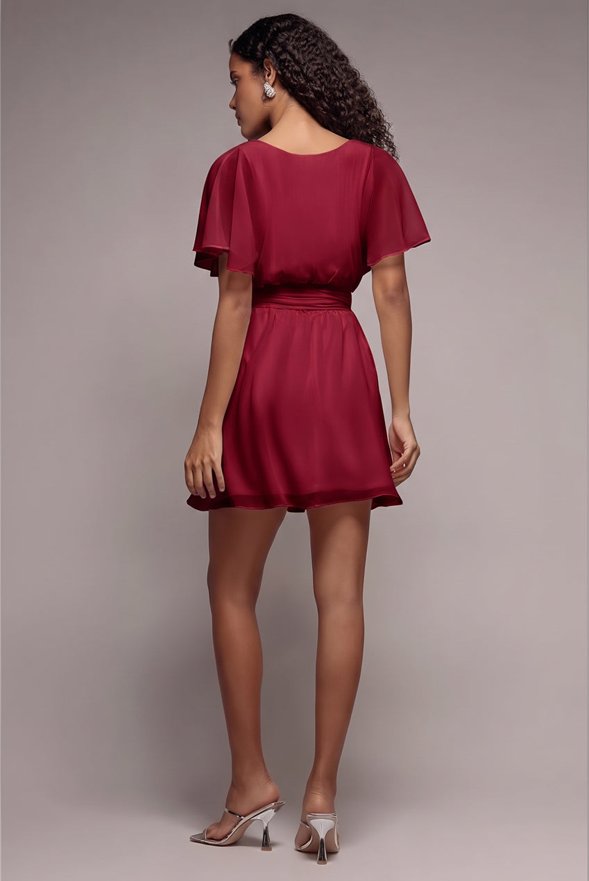 Goddiva Flutter Sleeve Wrap Mini Dress With Elasticated Waist - Berry
