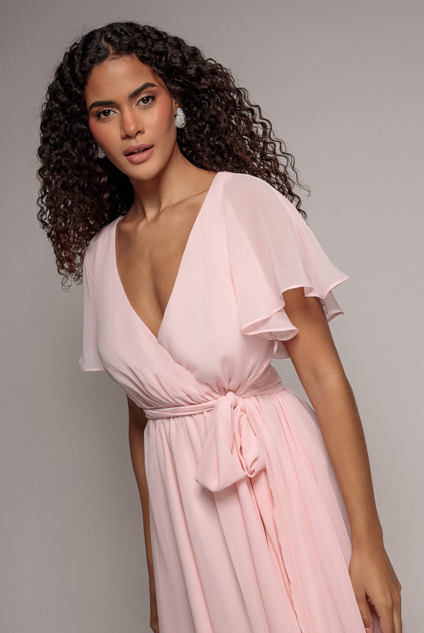 Goddiva Flutter Sleeve Wrap Mini Dress With Elasticated Waist - Soft Pink