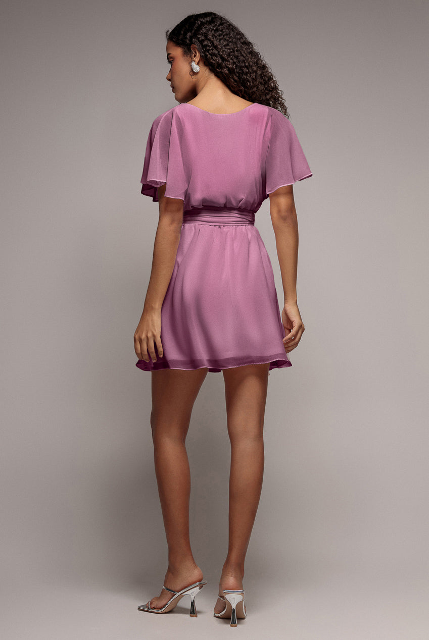 Goddiva Flutter Sleeve Wrap Mini Dress With Elasticated Waist - Lavender