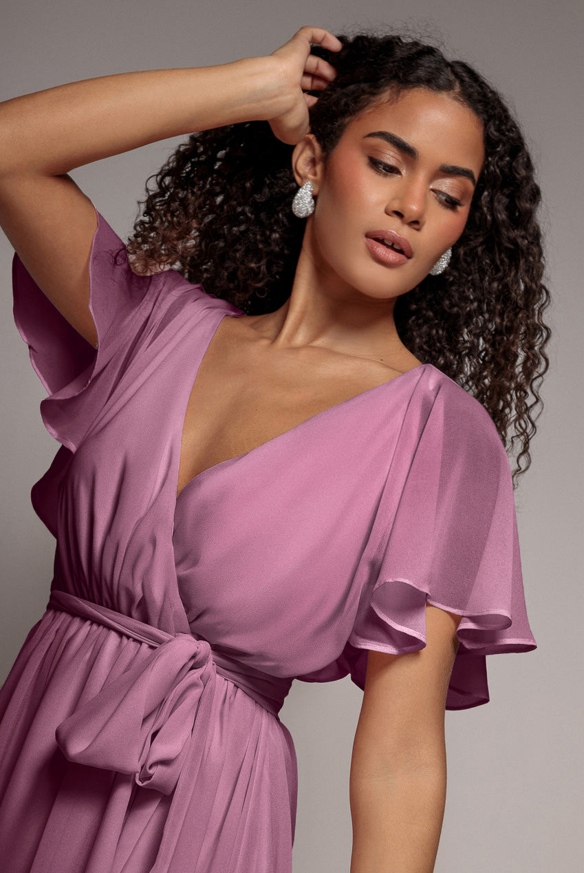 Goddiva Flutter Sleeve Wrap Mini Dress With Elasticated Waist - Lavender