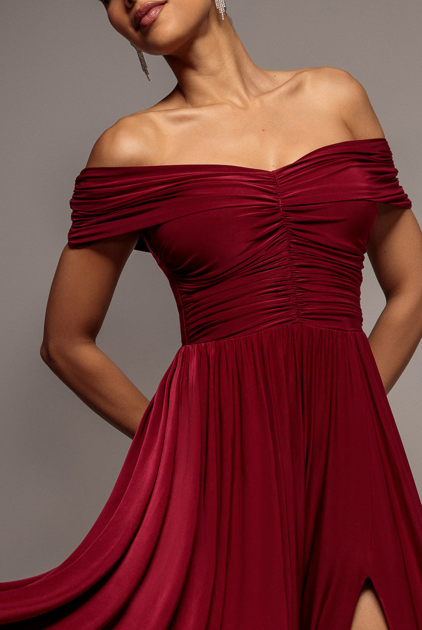 Goddiva Gathered Bardot Bodice Maxi With Slit - Berry
