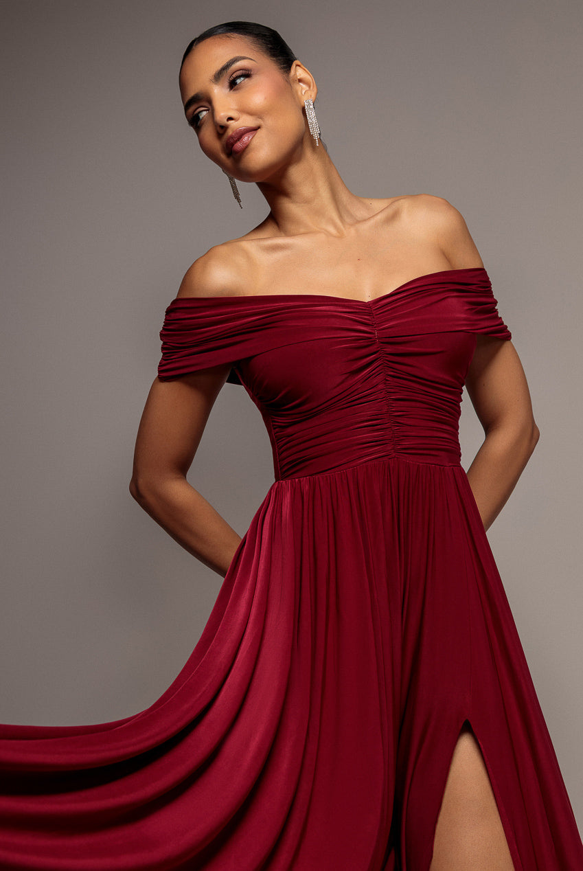 Goddiva Gathered Bardot Bodice Maxi With Slit - Berry