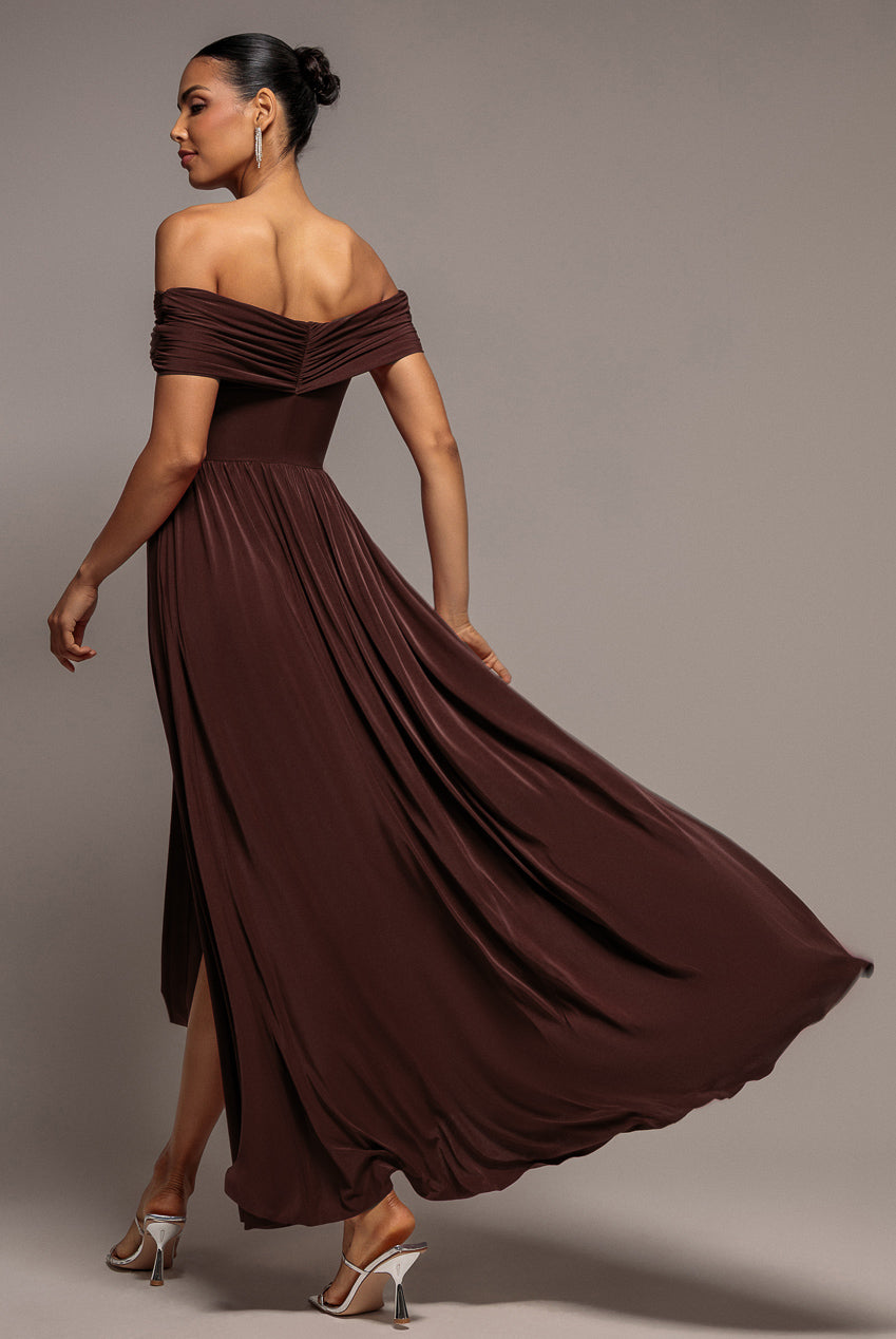 Goddiva Gathered Bardot Maxi Dress With Front Split - Dark Brown