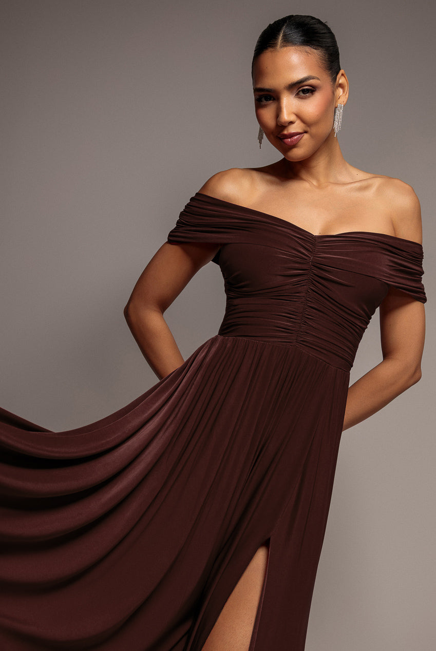 Goddiva Gathered Bardot Maxi Dress With Front Split - Dark Brown