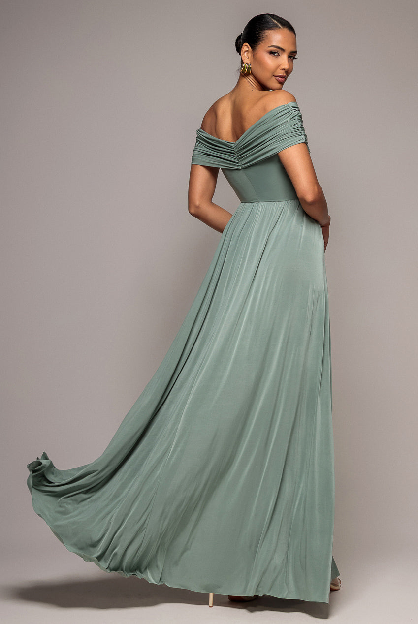 Goddiva Gathered Bardot Maxi Dress With Front Split - Dark Sage