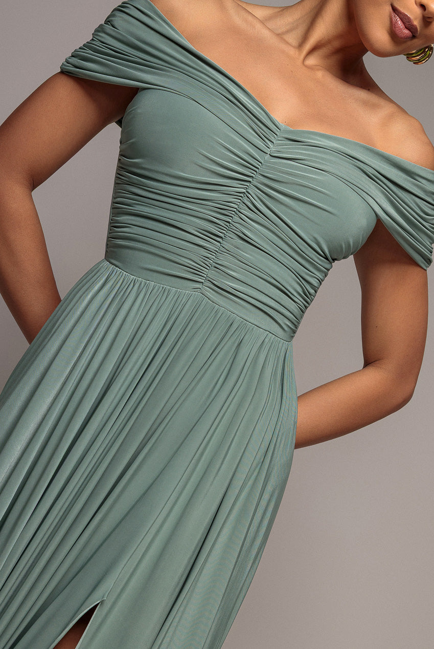 Goddiva Gathered Bardot Maxi Dress With Front Split - Dark Sage