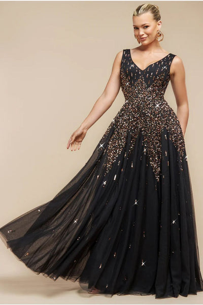 Black - Goddiva Sunray Hand Embellished Sequin A-Line Sleeveless Maxi Dress - Black
