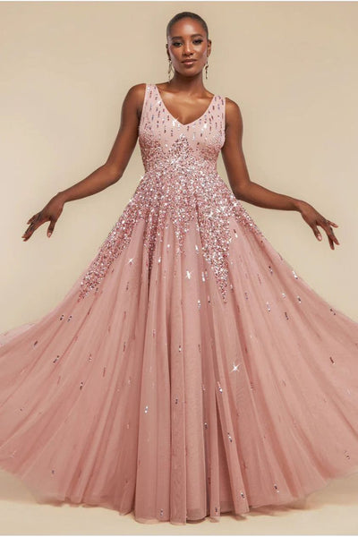 Goddiva Sunray Hand Embellished Sequin A-Line Sleeveless Maxi Dress - Blush Pink
