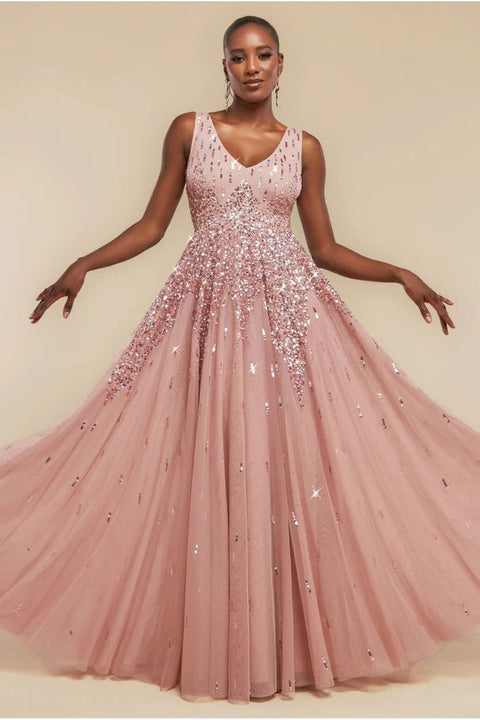 Goddiva Sunray Hand Embellished Sequin A-Line Sleeveless Maxi Dress - Blush Pink