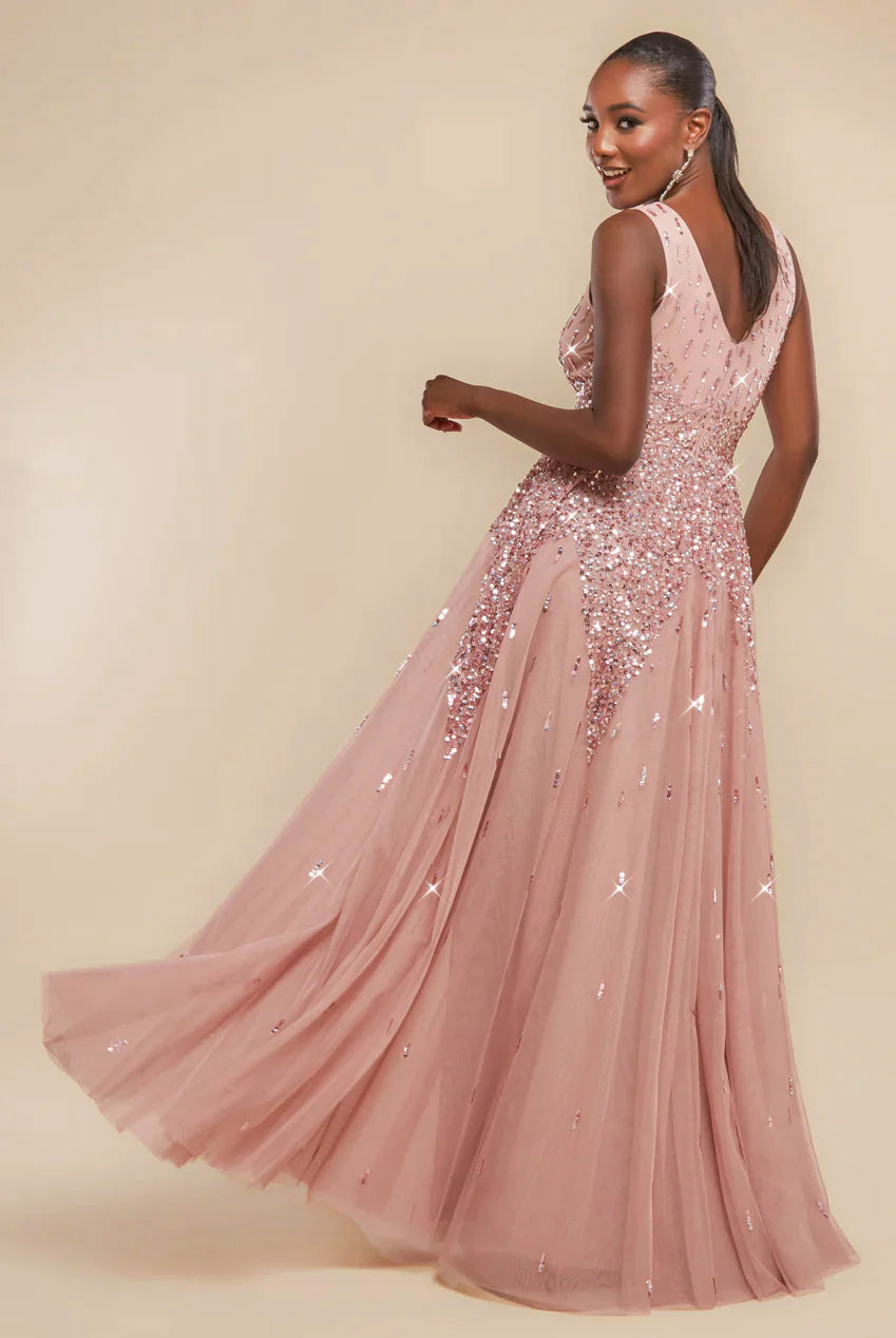 Goddiva Sunray Hand Embellished Sequin A-Line Sleeveless Maxi Dress - Blush Pink