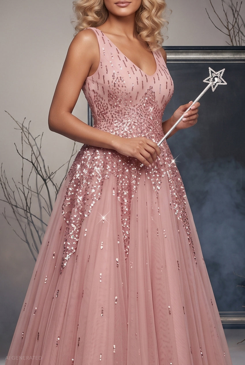 Goddiva Sequin A-line Maxi Dress Glinda-Inspired Halloween Costume - Blush Pink