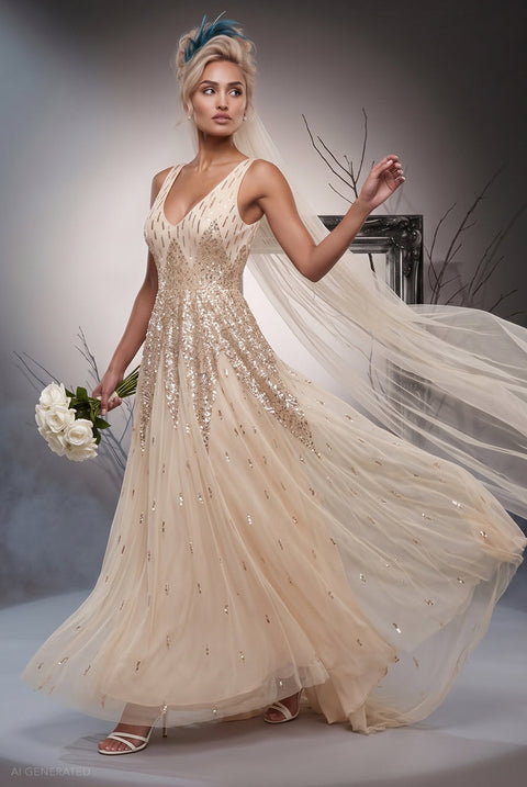 Goddiva Sequin A-line Maxi Dress Jilted Bride Halloween Costume - Ivory