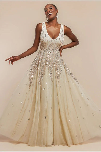 Goddiva Sunray Hand Embellished Sequin A-Line Sleeveless Maxi Dress