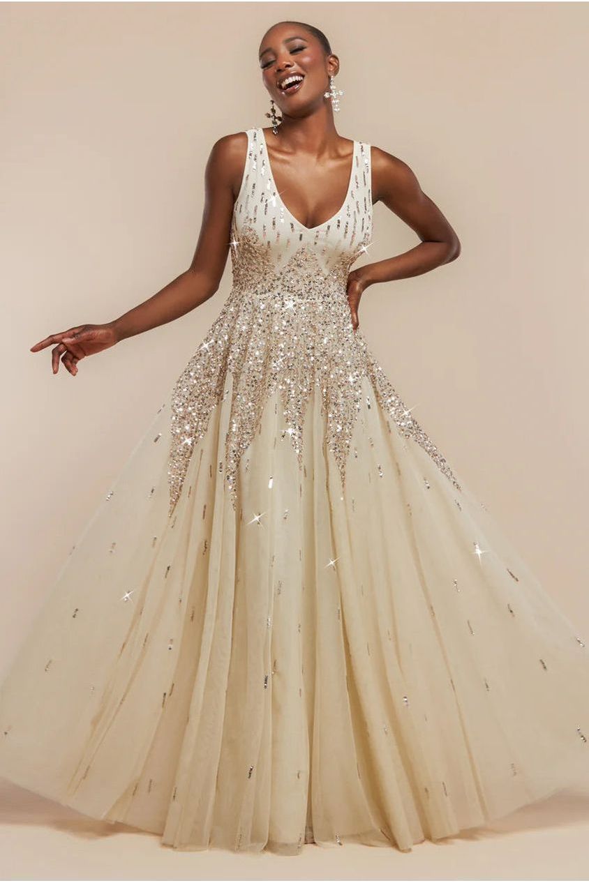 embellished maxi dress Sunray Hand Embellished Sequin A-Line Sleeveless Maxi Dress - Ivory