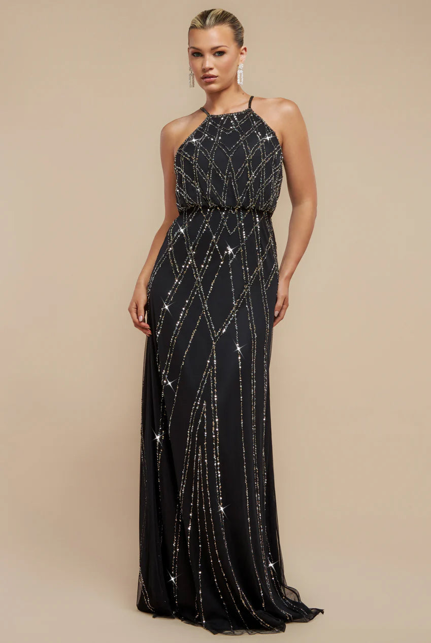 Goddiva Racer Neck Sleeveless Hand Embellished Sequin Maxi Dress - Black