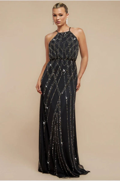 Black - Goddiva Racer Neck Sleeveless Hand Embellished Sequin Maxi Dress - Black