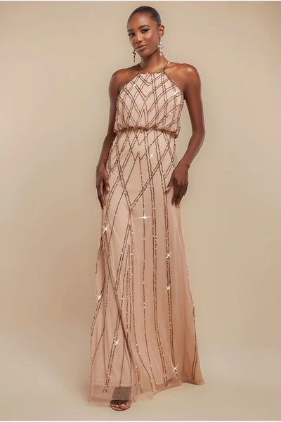Champagne - Goddiva Racer Neck Sleeveless Hand Embellished Sequin Maxi Dress - Champagne