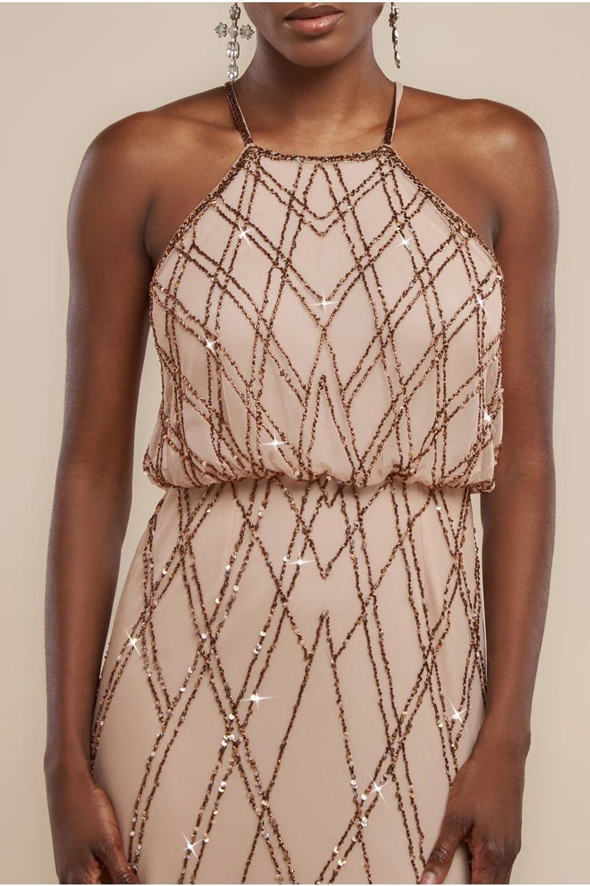 Goddiva Racer Neck Sleeveless Hand Embellished Sequin Maxi Dress - Champagne