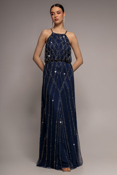 NavyBlue - Goddiva Racer Neck Sleeveless Hand Embellished Sequin Maxi Dress - Navy Blue