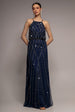 Goddiva Racer Neck Sleeveless Hand Embellished Sequin Maxi Dress - Navy Blue