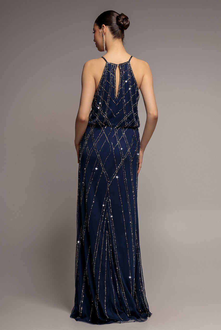 Goddiva Racer Neck Sleeveless Hand Embellished Sequin Maxi Dress - Navy Blue