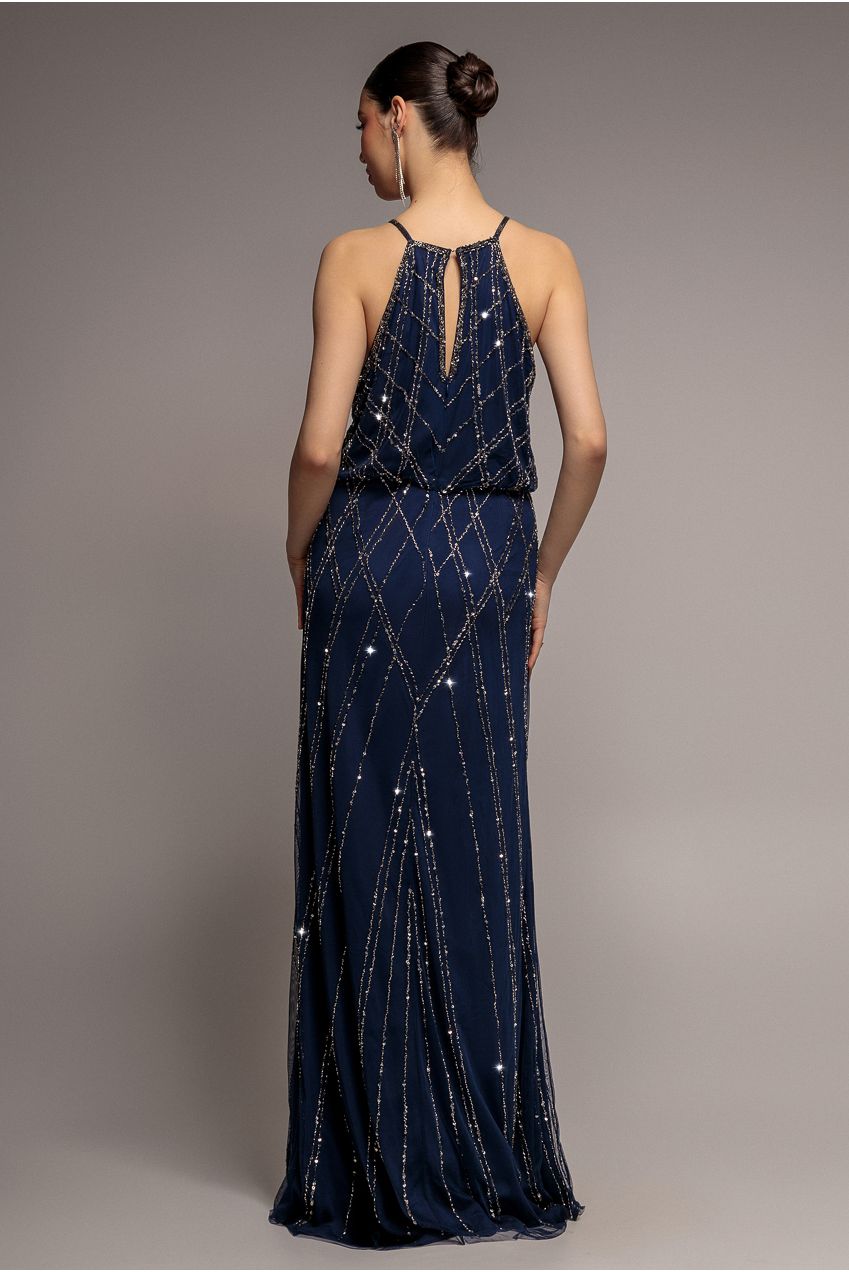Goddiva Racer Neck Sleeveless Hand Embellished Sequin Maxi Dress - Navy Blue