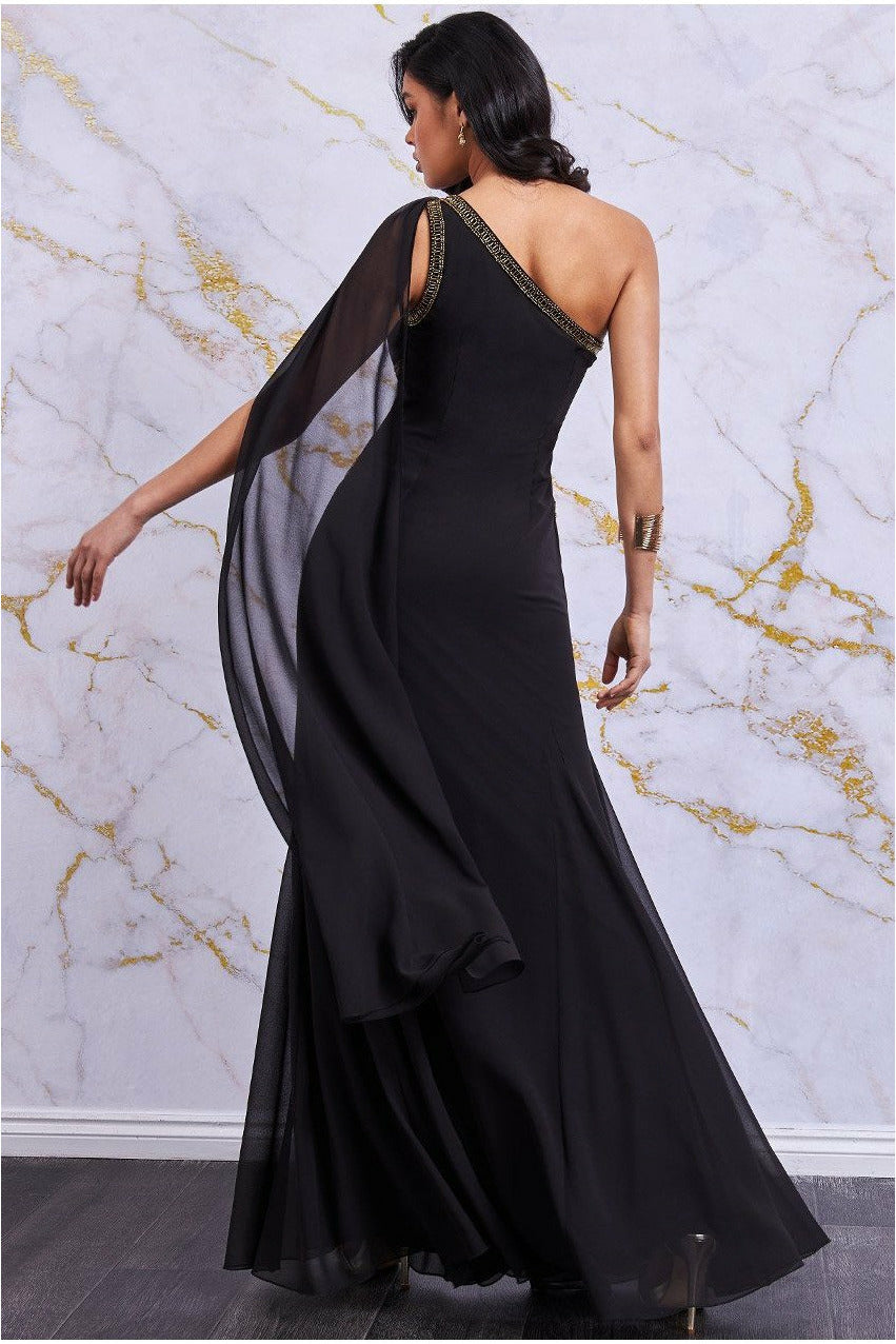 Danaya Embellished One Shoulder Grecian Maxi Dress - Black