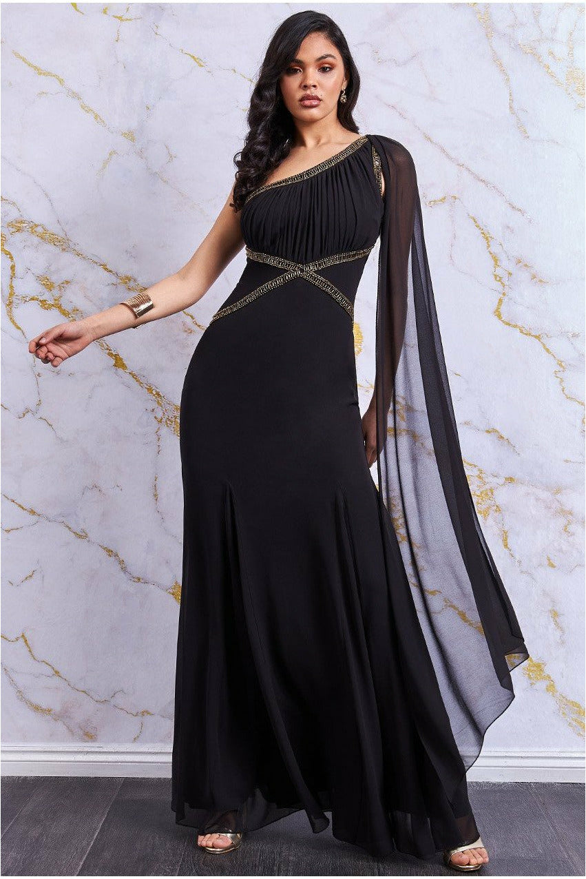 Danaya Embellished One Shoulder Grecian Maxi Dress - Black