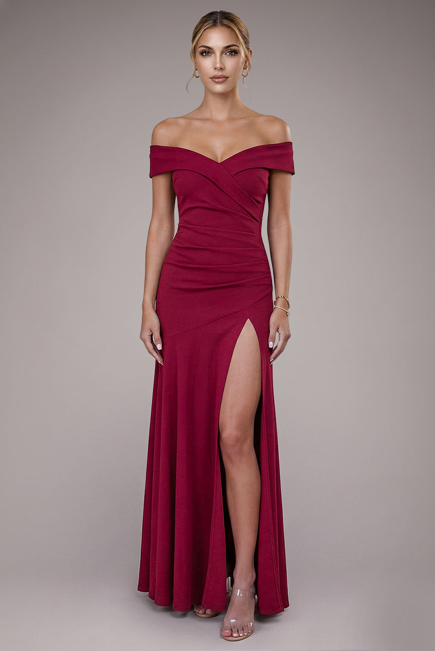 Goddiva Scuba Crepe Off Shoulder Front Split Maxi Dress - Wine