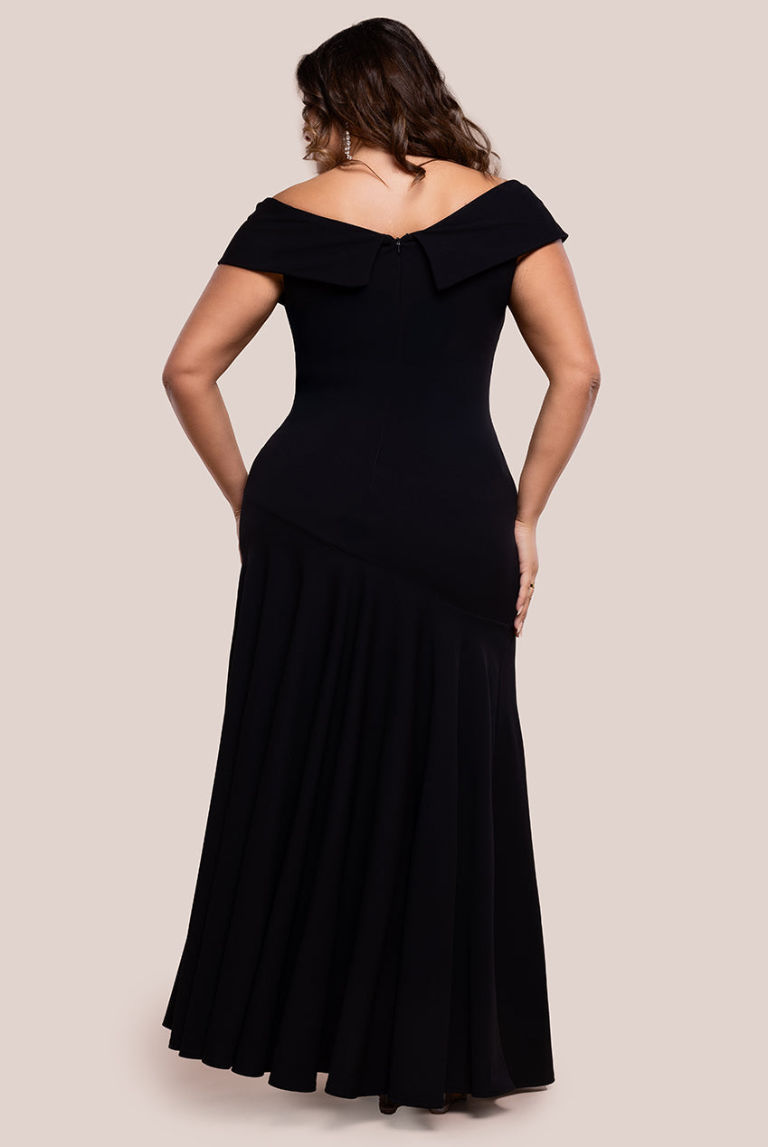 Goddiva Plus Scuba Crepe Off Shoulder Front Split Maxi Dress - Black