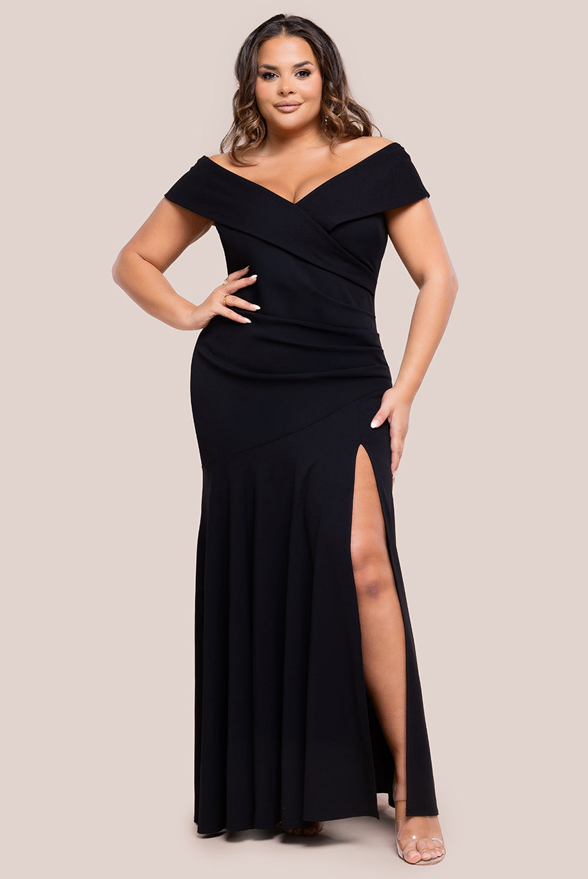 Goddiva Plus Scuba Crepe Off Shoulder Front Split Maxi Dress - Black