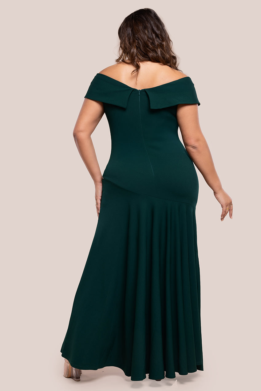 Goddiva Plus Scuba Crepe Off Shoulder Front Split Maxi Dress - Emerald Green