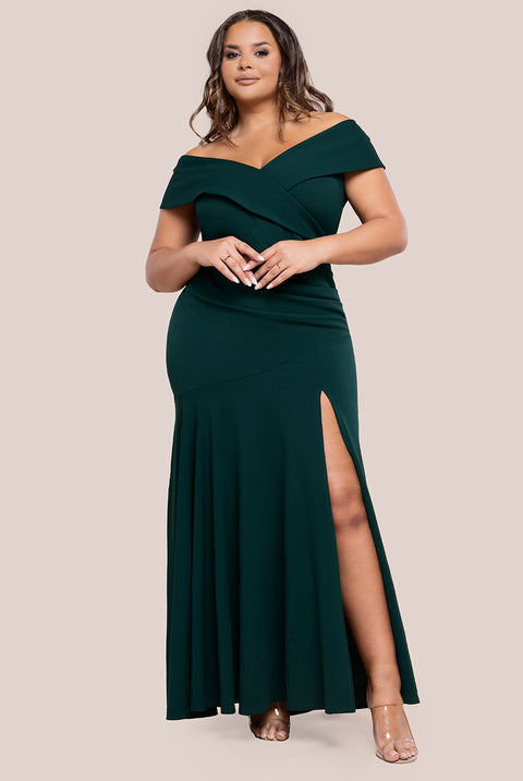 Goddiva Plus Scuba Crepe Off Shoulder Front Split Maxi Dress - Emerald