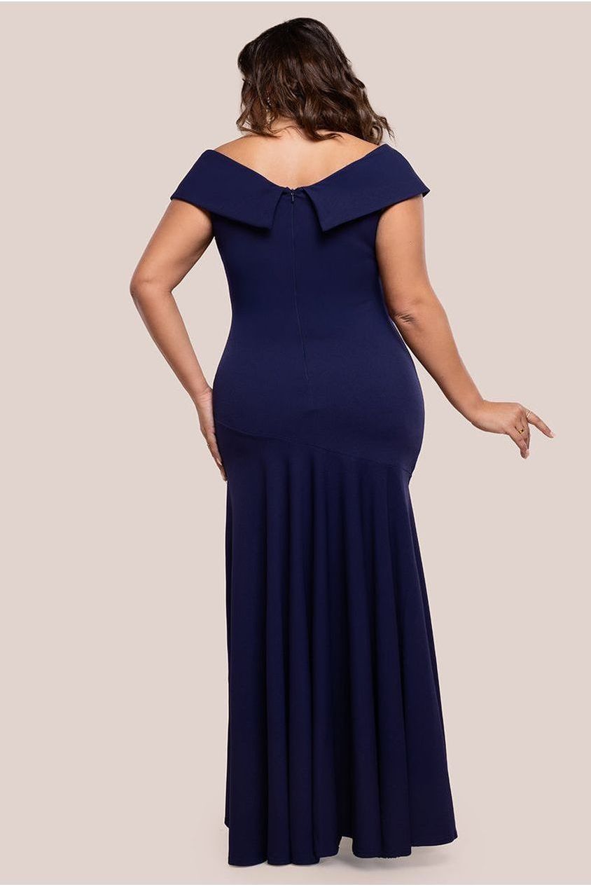 Goddiva Plus Scuba Crepe Off Shoulder Front Split Maxi Dress - Navy Blue