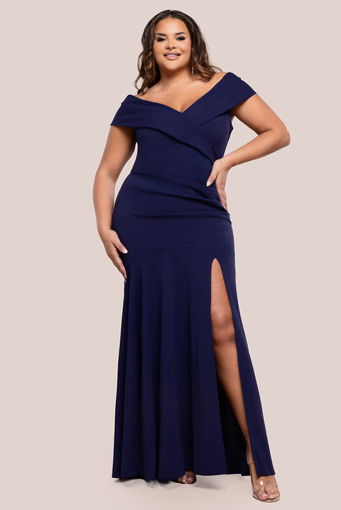 Goddiva Plus Scuba Crepe Off Shoulder Front Split Maxi Dress - Navy