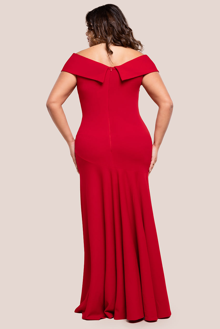 Goddiva Plus Scuba Crepe Off Shoulder Front Split Maxi Dress - Red