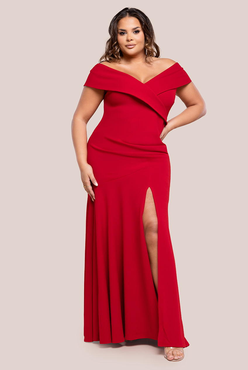 Goddiva Plus Scuba Crepe Off Shoulder Front Split Maxi Dress - Red