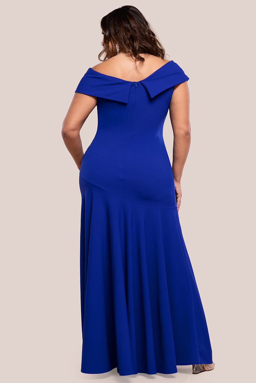 Goddiva Plus Scuba Crepe Off Shoulder Front Split Maxi Dress - Royal Blue