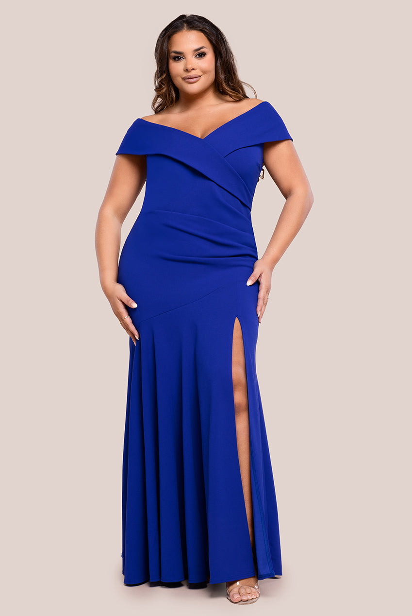 Goddiva Plus Scuba Crepe Off Shoulder Front Split Maxi Dress - Royal Blue